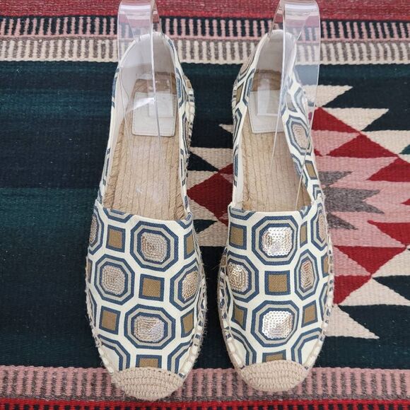 Tory Burch Cecily Embellished Espadrille Flats Sz‎ 9.5 Tan Canvas Sequin Rattan - Picture 3 of 10